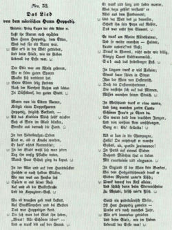 "Das Lied von dem närrischen Herrn Hoppediz" von v. Worringen (Melodie: "Prinz Eugen, der edle Ritter") aus dem Jahre 1841