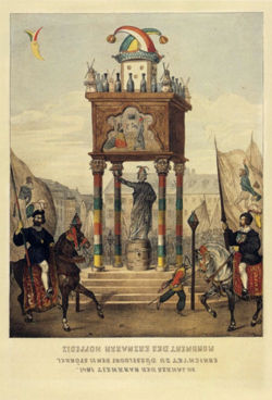 Das Hoppeditz-Denkmal auf dem Carlsplatz, das 1841 errichtet wurde und knapp zwei Jahrzehnte später leider wieder verschwand.Der alte Text zum Bild war bewußt in (Narren-)Spiegelschrift gehalten.